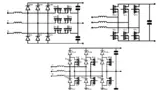 Bild 4. Gängige 3-Phasen-Leistungsfaktorkorrektur-/PFC-Boost-Topologien für schnelles DC-Laden von Elektrofahrzeugen – T-NPC (oben links), 6-Switch (oben rechts) und I-NPC (unten). 