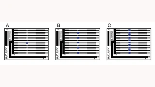 Schematische Darstellung von einem (A), fünf (B) und zehn (C) Chipwiderständen auf einer Standard-Prüfleiterplatte