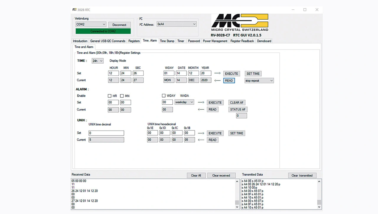 Die Software von MicroCrystal erlaubt eine übersichtliche Einstellung und zeigt auch die Registerinhalte an