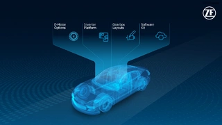 ZF stellt neue E-Antriebe für Pkw und leichte Nutzfahrzeuge vor: Innovative Komponenten fügen sich zu einer flexiblen Plattform für E-Antriebe zusammen.