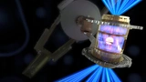 Die Laserstrahlen treffen den Hohlraum, verwandeln sich in Röntgenstrahlen und lösen die Kernfusion in dem Brennstoffkügelchen aus, das im inneren des Hohlraums sitzt.