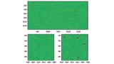 Pixel-Intensitätskarte eines OLED-Handys (oben) und gezoomte Ausschnitte vor und nach der Analyse von Pixeldefekten. Rote Kreuze markieren defekte Pixel nach den gesetzten Fail-Kriterien