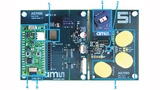 Die Hauptplatine des AS7050 EVK mit dem wichtigsten Komponenten: 1. Opto-Modul; 2. AS7050; 3. EKG-Elektroden; 4. BLE-Funkmodul mit USB-Anschluss; 5. Akku-Verbindung; 6. Ein-/Ausschalter