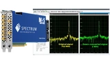 Bild 1: Ein M5i-Digitizer von Spectrum Instrumentation sowie Diagramme eines 702-MHz-Signals vor und nach Abwärtskonvertierung. Die Daten werden mit 12,8 GB/s an eine GPU gestreamt, wo sie kontinuierlich verarbeitet werden.