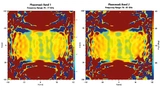 Transmissionsphasen- und Homogenitätsanalyse des Radoms und Stoßfängers, Frequenzbänder: (links) 76 bis 77 GHz und (rechts) 76 bis 81 GHz