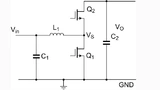Die Abbildung zeigt das Schema eines Halbbrücken-Aufwärts-wandlers, der für den Vergleich der Wirkungsgrade von MOSFETs und GaN-FETs verwendet wird, indem die Transistoren Q1 und Q2 mit dem jeweiligen Typ ausgetauscht werden