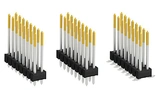 Eine Stiftleiste – drei Montageoptionen (von links nach rechts): SL 21 THR, SL 22 THT, SL 11 SMD, in jeweils selektiver Vergoldung