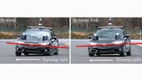 Validierung mit Prototypenfahrzeug: Normale Neigung bei einer Rechtskurve (links) versus umgekehrte Neigung (rechts)