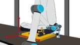 Bild 2. Sitz in x-y-z Koordinatensystemen: (A) Roboterkorrdinatensystem TCP, (B) Prüflingskoordinatensystem und (C) Koordinatensystem des Arbeitsplatzes/Warenträgers.