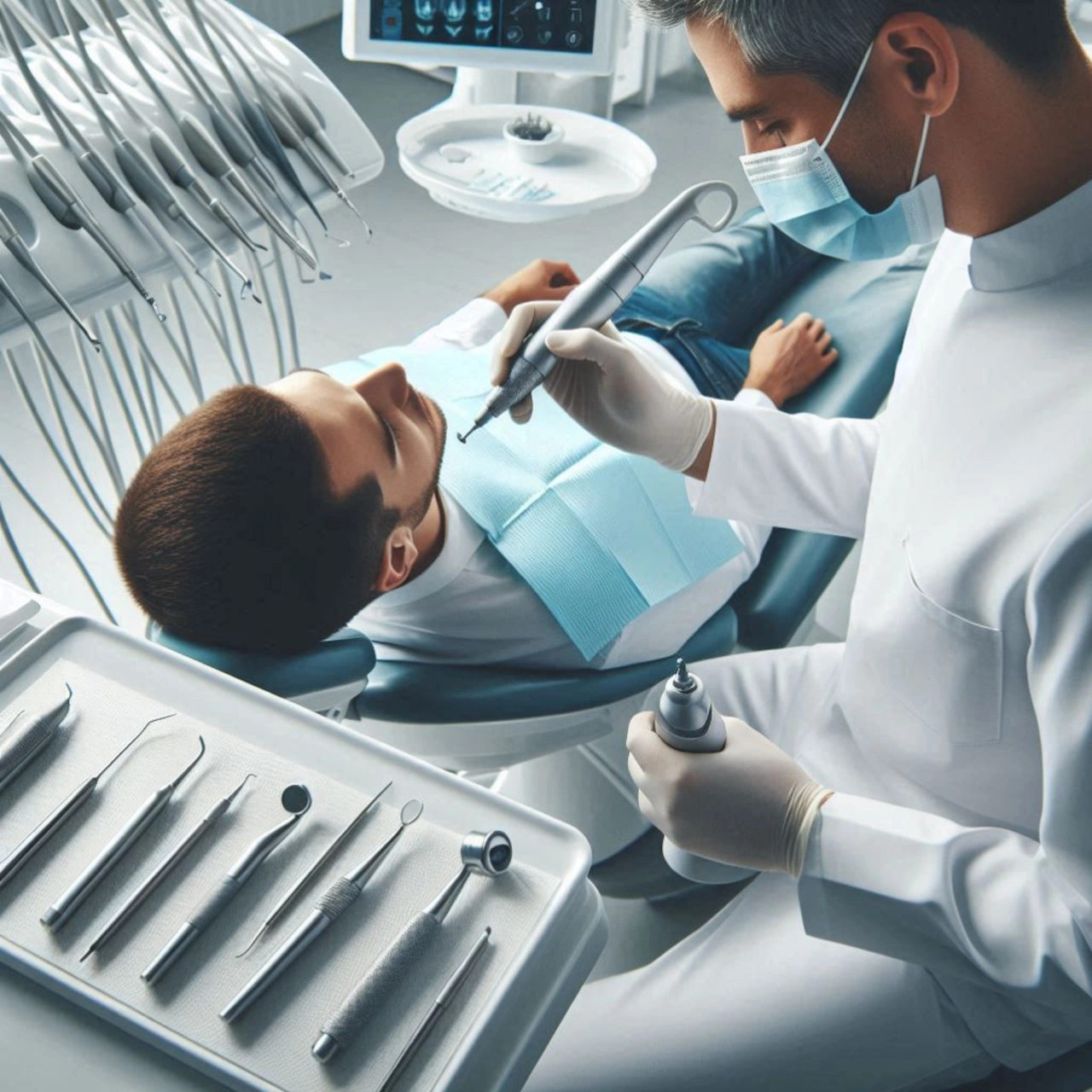 Zahnarzt arbeitet mit einem kabellosen Bohrer im Mund eines Patienten. Zahnarzt arbeitet mit einem kabellosen Bohrer im Mund eines Patienten.