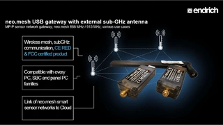 Entwickelt von Endrich R&D Hungary, verwandelt das universelle NeoMesh-USB-Gateway EIOT-USBGW-MESH-NCxxx-USB jeden PC, Industrie-Controller oder Single-Board-Computer (SBC) mit nativer USB-Schnittstelle in ein NeoMesh-to-Cloud-Gateway.