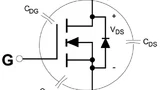 Schaltbild eines N-Kanal-MOSFETs mit parasitären Kapazitäten